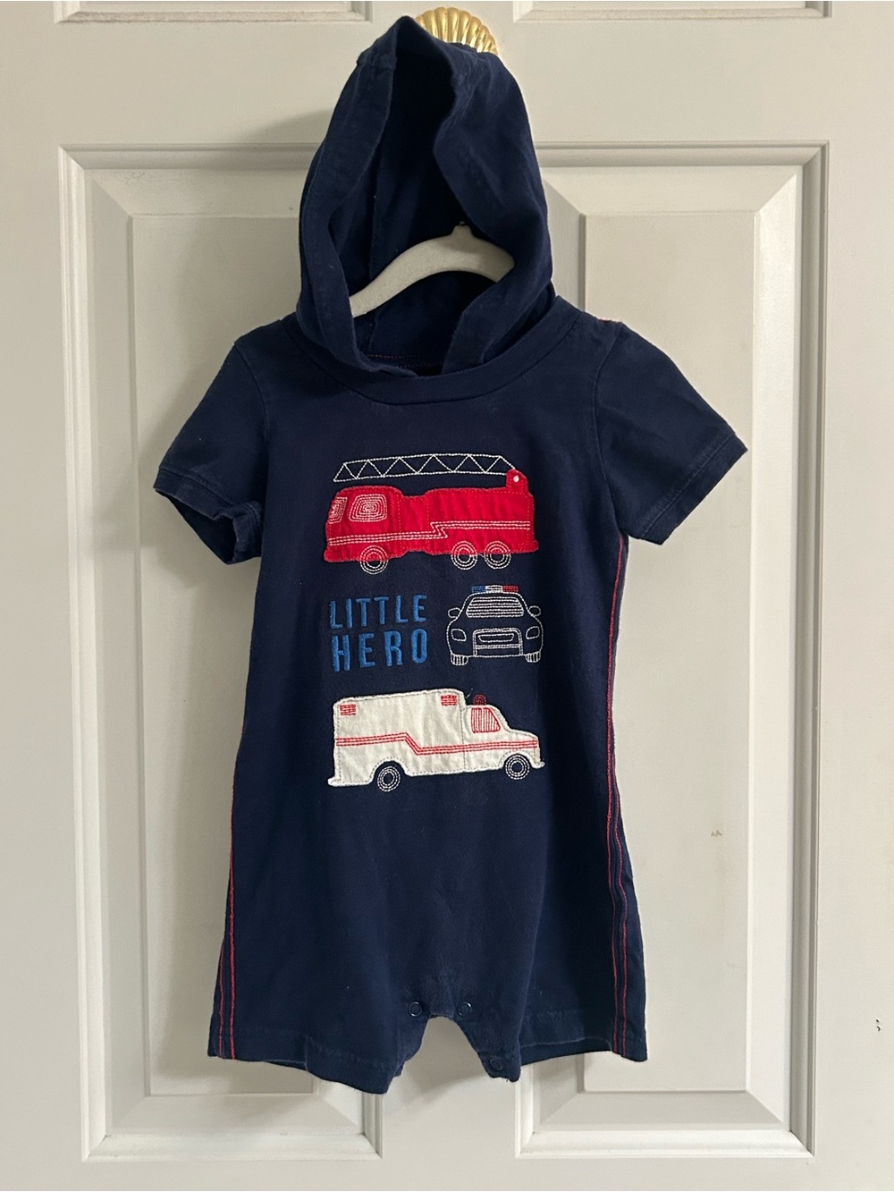 Boys Carter's Navy Hooded Romper with Red Fire Truck & White Ambulance
